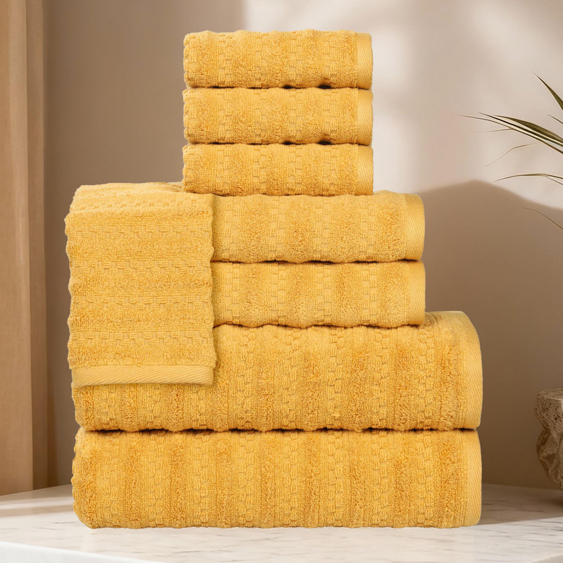 Nile Mills  Zero-Twist Cotton Towel Set - Waffle Stripe Texture - Quick-Dry, Gold