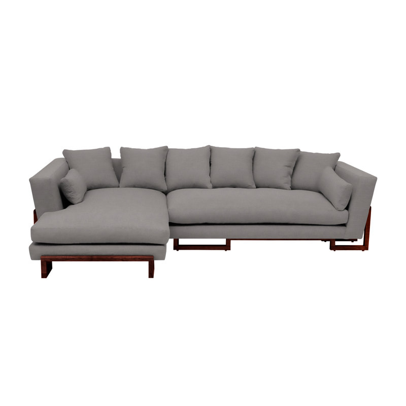 LRG Upholstered L-Shaped Sectional Left Hand Facing, Taupe, Left Side Tray, Solid Walnut
