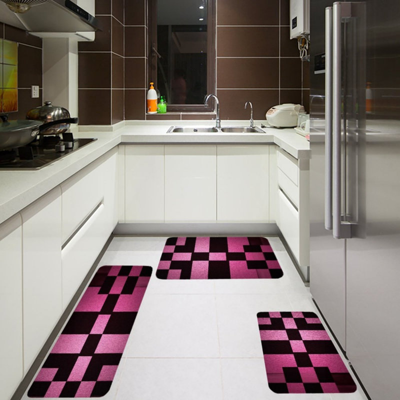 Ensemble de tapis de cuisine 3 pièces à motif géométrique rose et noir