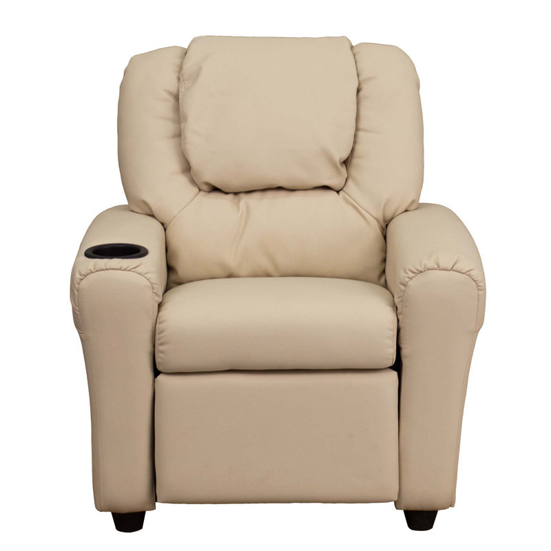 Forman LeatherSoft Contemporary Kids Recliner with Cup Holder and Headrest, Beige