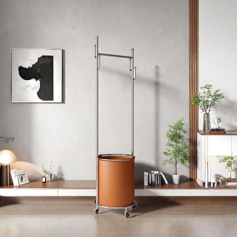 Round - Hook Coat Rack with Wheels Sturdy Frame, Brown/Silver