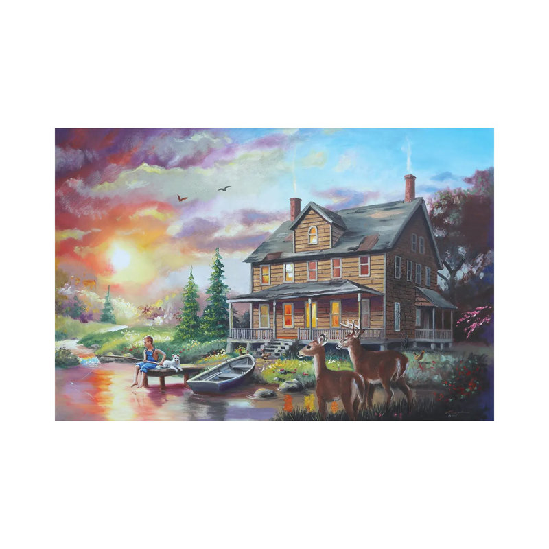 Boy On The Dock With Cabin And Deer by D. "Rusty" Rust - Gallery-Wrapped Canvas Giclée on Canvas, Canvas
