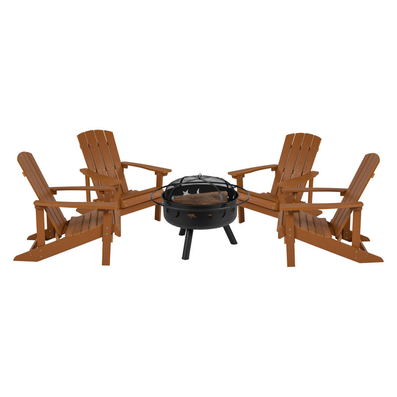 Foyer étoile et lune avec housse en filet et 4 chaises Adirondack en résine de polyester, Teck