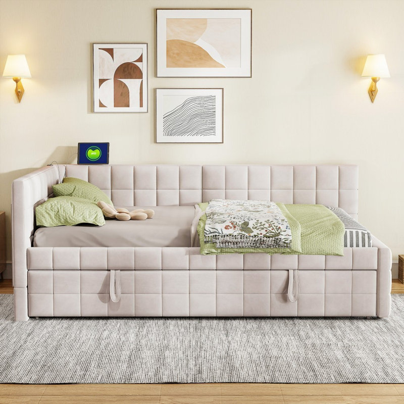 Full Size Upholstered L-Shaped Daybed with Twin Size Pop Up Trundle &amp; USB Ports - No Box Spring Needed, Strong &amp; Durable