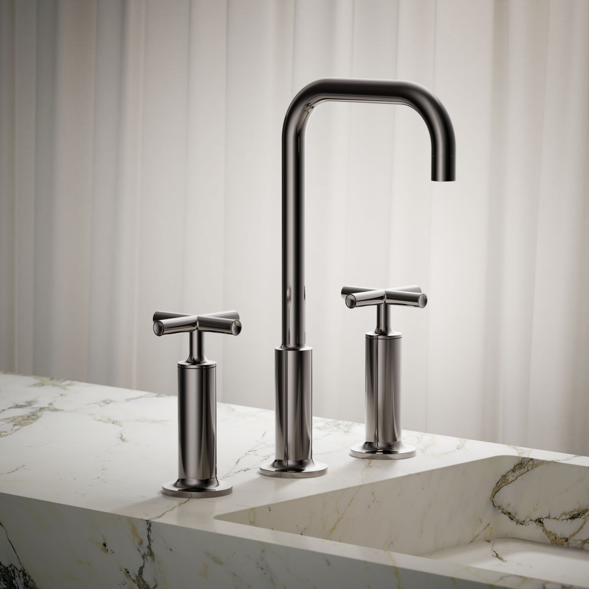 Purist Widespread Bathroom Sink Faucet with High Cross Handles and High Gooseneck Spout, Vibrant Titanium