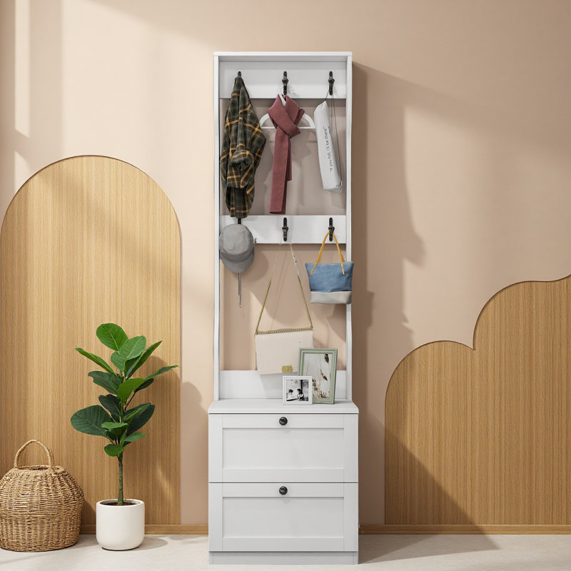 Portemanteau et table de chevet 2-en-1, organisateur de rangement de chevet / entrée en bois avec tiroir et crochets, cintre autoportant pour chambre à coucher, couloir