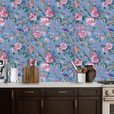 Papier peint auto-adhésif mural à motif de peler et coller, oiseaux de papillons, village bleu, décoration murale pour armoires de cuisine de chambre à coucher, 24 po x 118 po