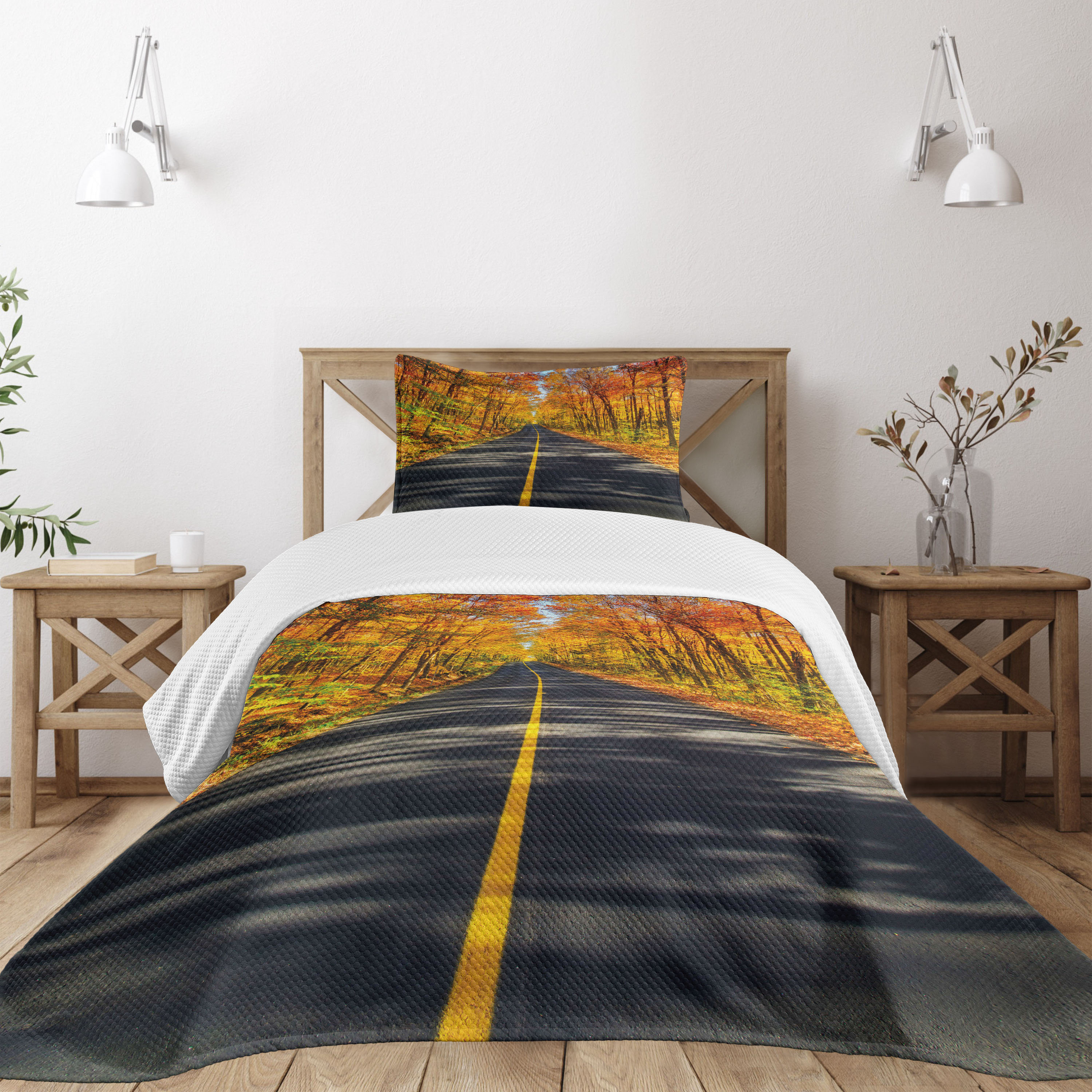 Ambesonne Fall Bedspread, Image of Canadian Maple Tree Leaves in Autumn Season Soft Reflection Effects, Decorative Quilted 3 Piece Coverlet Se並行輸入 Ambesonne Fall Quilted Bedspread Set 3 Pcs, Autumn Season Elements