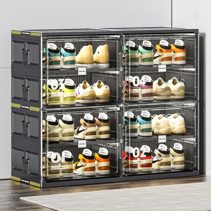  Modern Double Column 4-Tier Foldable Shoe Cabinet With Magnetic Doors, Black Storage Organizer For Entryway Or Closet, 4