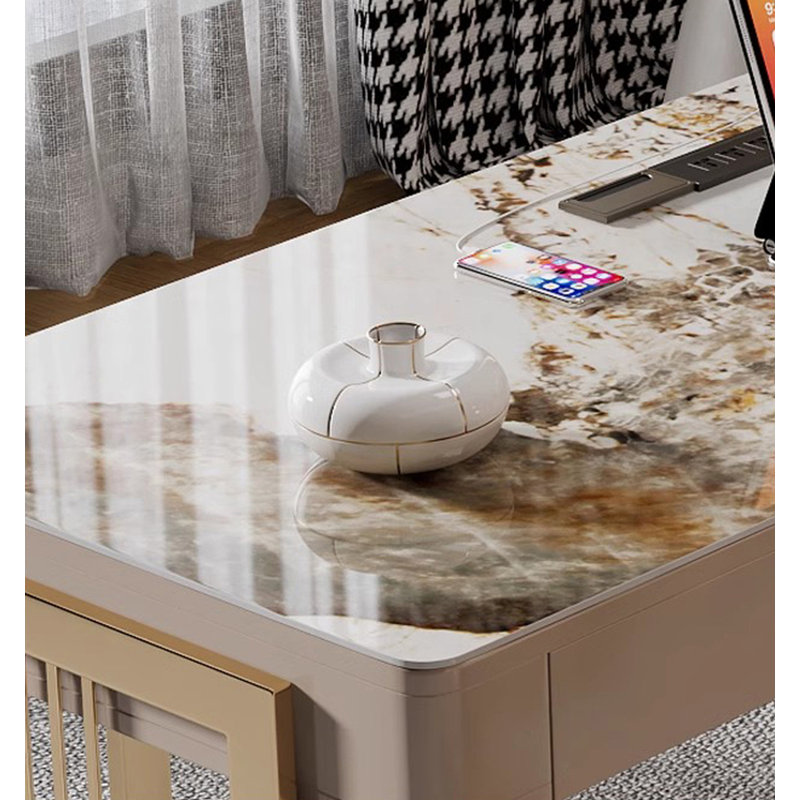 Bureau en pierre frittée avec pieds en acier inoxydable et tiroirs en pin, H 29,5 po x l 47,2 po x P 23,6 po