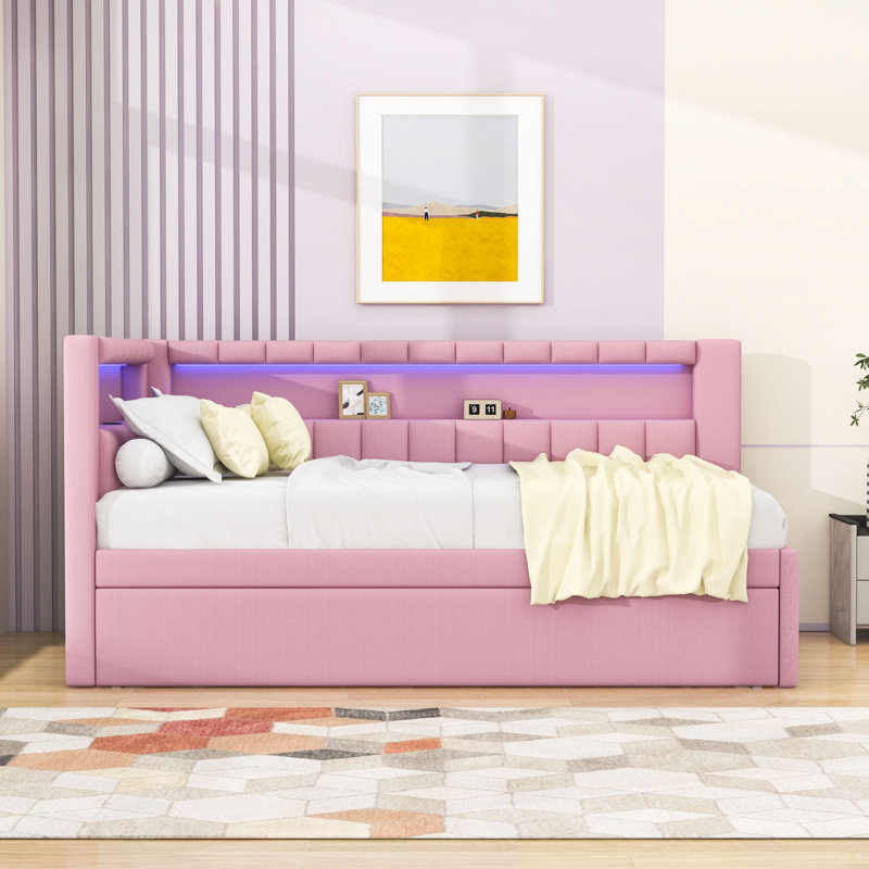 Lit de jour rembourré Suraiya avec ports USB et ceinture à DEL avec couchette simple, Rose