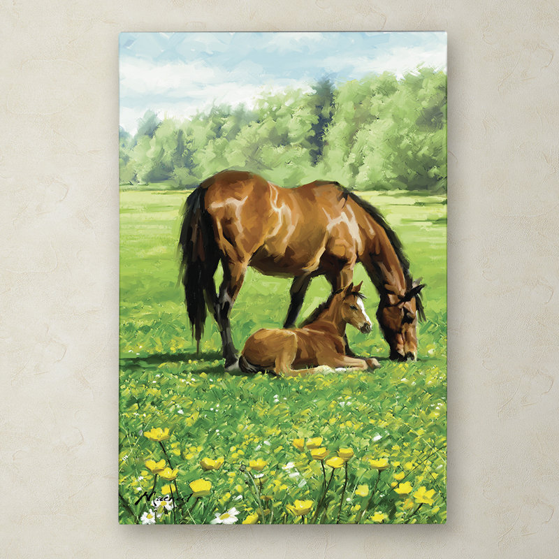 Large Green and Brown Canvas Art with Horses in Field