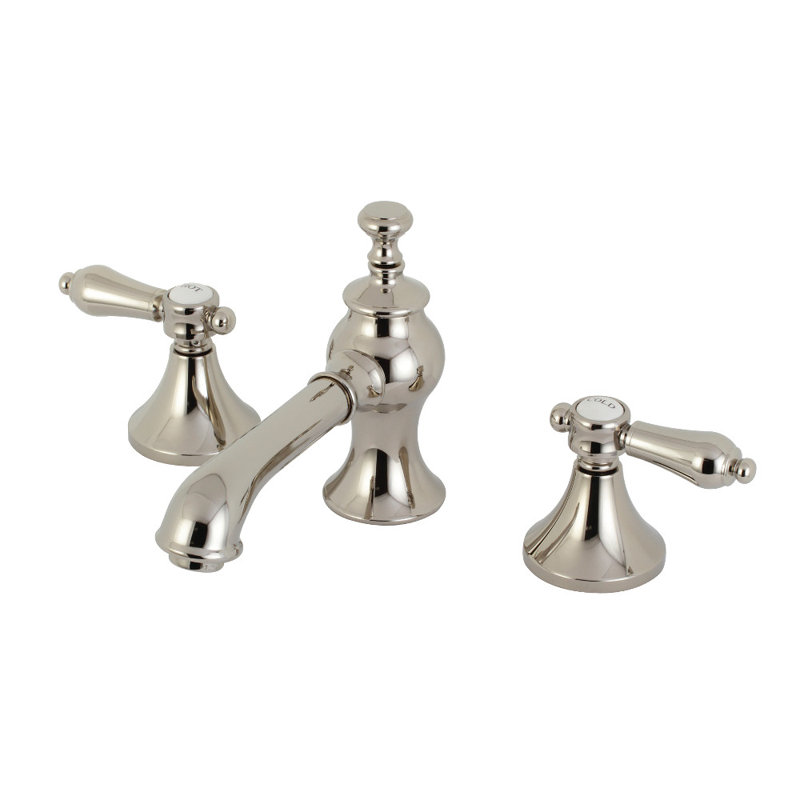 Kingston Brass Heirloom Two-Handle 3-Hole Deck Mount Widespread Bathroom Faucet with Brass Pop-Up Drain, Polished Nickel