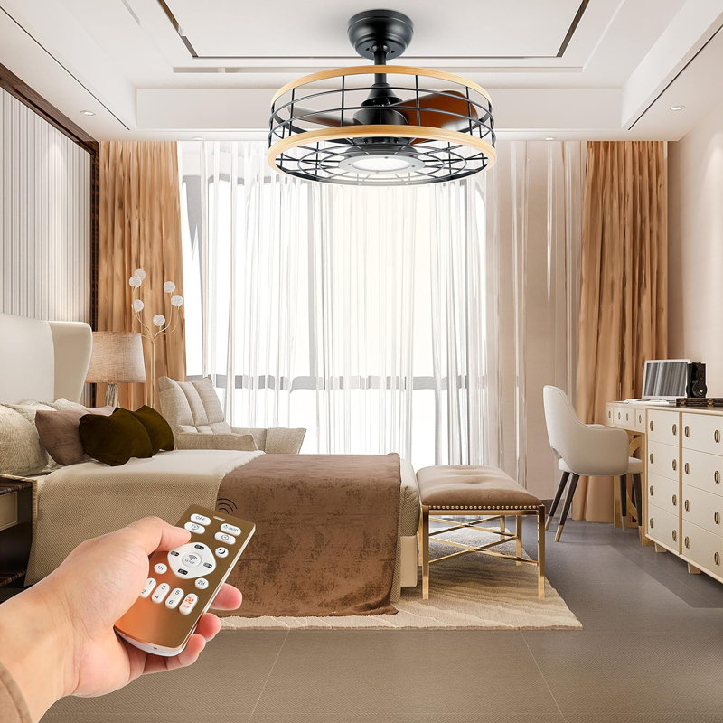 Modern Black and Wood Low Profile Ceiling Fan with LED Light and Remote
