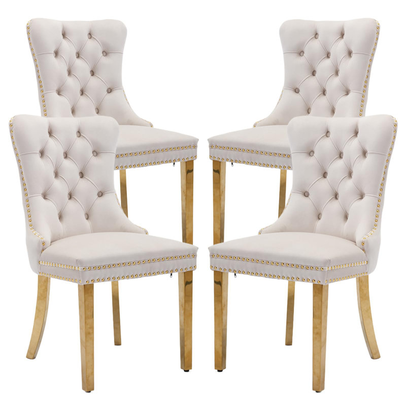 Dining Chairs, Upholstered High-end Tufted Dining Room Chair with Nailhead Back Ring, Beige Velvet, Gold, 4