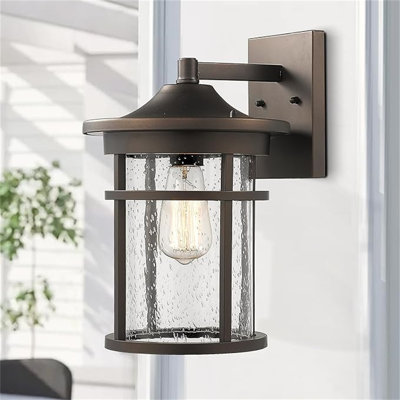 Outdoor Wall Mount Light Fixture, Outdoor Wall Sconce, Large Exterior Porch Wall Lantern, Outdoor Wall Light Fixture With Seeded Glass Shade (Oil Rubbed Bronze, 14" Height)