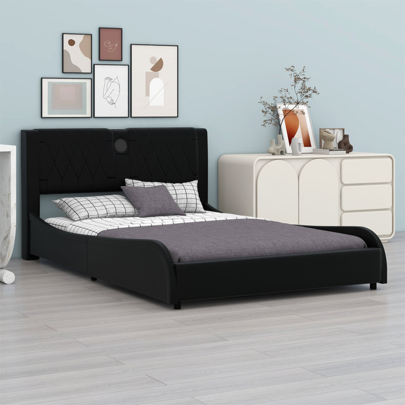 Upholstered Platform Bed With Thickened Headboard, Bluetooth Speakers And RGB LED Light, Black