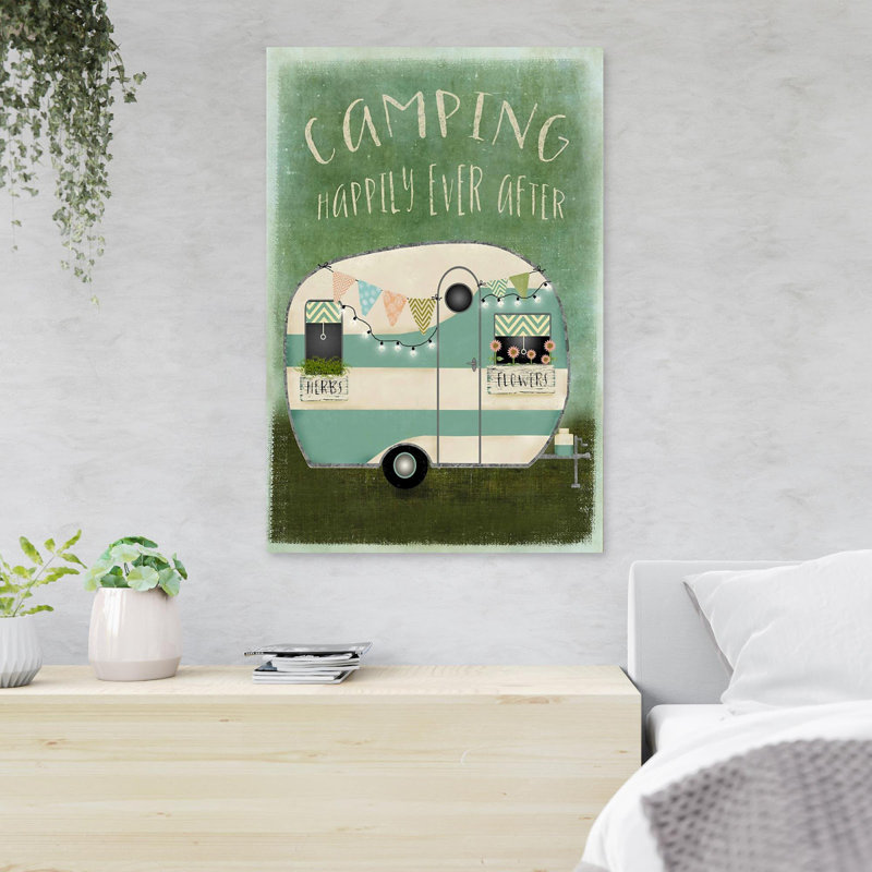 «Camping Van With Flowers - Camping Happily Ever After», reproduction d'art graphique sur toile tendue 1 pièce