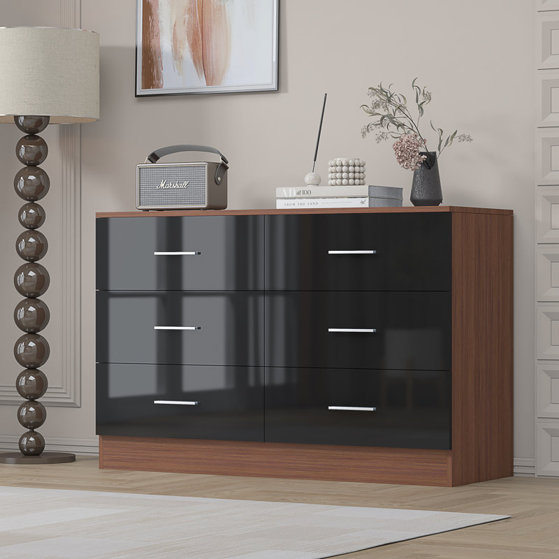Eva High Gloss 6 Drawer Chest of Drawers - H: 75cm x D: 40cm x W: 112cm, Walnut/Gloss Black