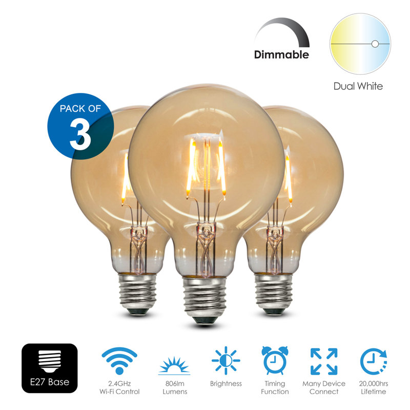 Pack of 3 Smart WiFi Vintage G95 LED Globe Bulb Amber Glass Dimmable & CCT Changing, 8.5W