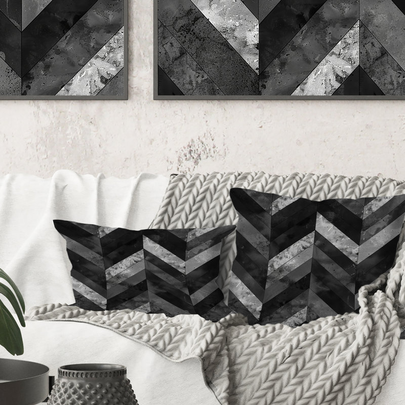 Imprimé à chevrons gris et noir I - Coussin décoratif moderne, H 18 po x l 18 po