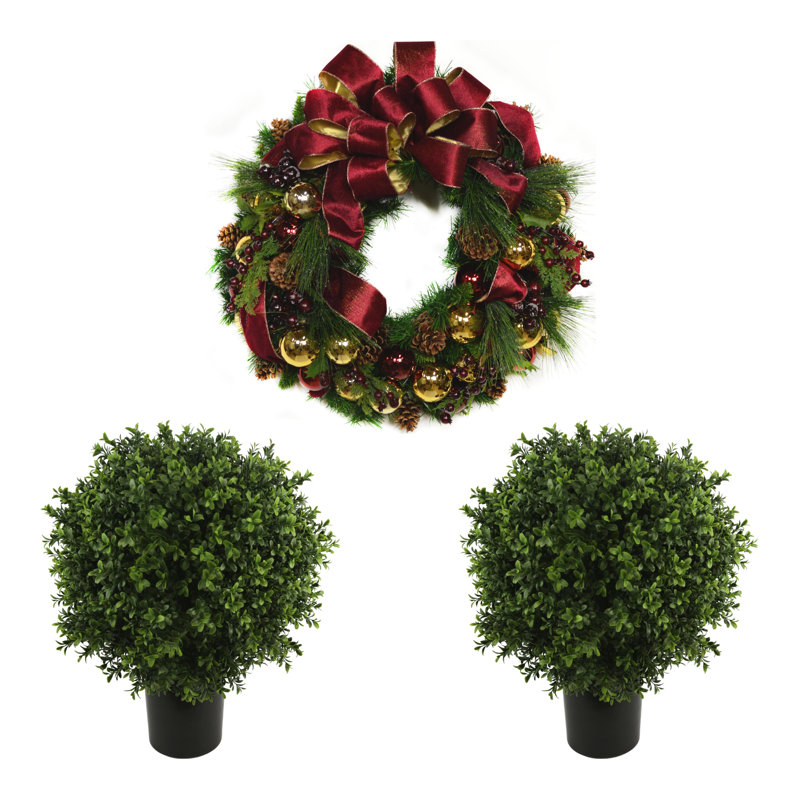 Classic Holiday Wreath and Two UV Boxwood Drop-Ins