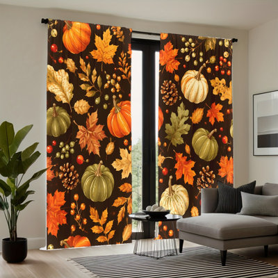 2 pièces rideaux filtrant la lumière feuille d'érable automne citrouille, décor de thème de récolte d'automne, conception de poche de tringle facile à suspendre, décoration toutes saisons pour le salon