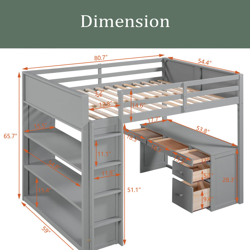 Lit mezzanine 5 tiroirs avec bureau Haddy par Harriet Bee, Double, Gris