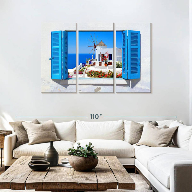 Sebbie Oia Windmill Window View, 48" H x 74" W