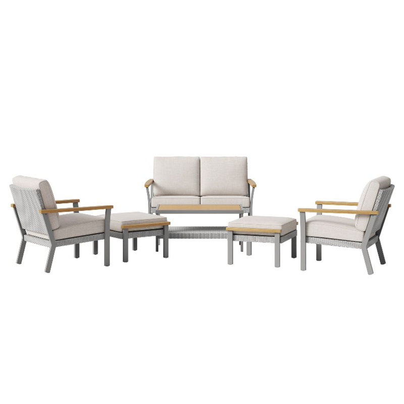 Ensemble de meubles de patio 6 pièces Nordic Hygge, 1 table basse, 1 causeuse, 2 chaises longues et 2 repose-pieds