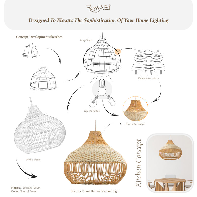 Anterria 1 - Light Natural 17", 21'', 24'' Handwoven Rattan Plug-In or Hardwired Light Fixture for Dining Room or Entryway, Dimmable and Perfect for High Ceilings in Boho Japandi Style