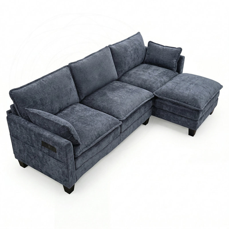 Modular Sofa Set with Ottoman, USB Ports & Side Pockets