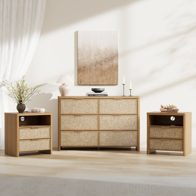 Ensemble de chambre à coucher en rotin 3 pièces, commode 6 tiroirs (120 cm de large) et 2 tables de chevet 2 tiroirs (ensemble de 2) au design incurvé, ensemble commode moderne, ensemble commode et tables de chevet bohèmes en bois pour chambre à coucher