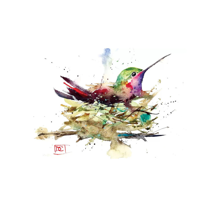 Hummer In Nest by Dean Crouser - Painting on Canvas, 20.32 cm H x 30.48 cm W, Wrapped Canvas