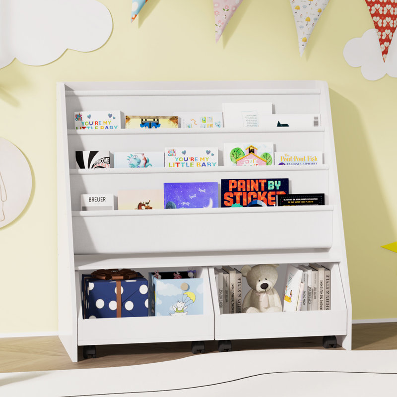 2-in-1 Mobile Storage Shelf - MDF Bookcase with Deep Pockets & Rolling Bins, Multi-Scene Organizer
