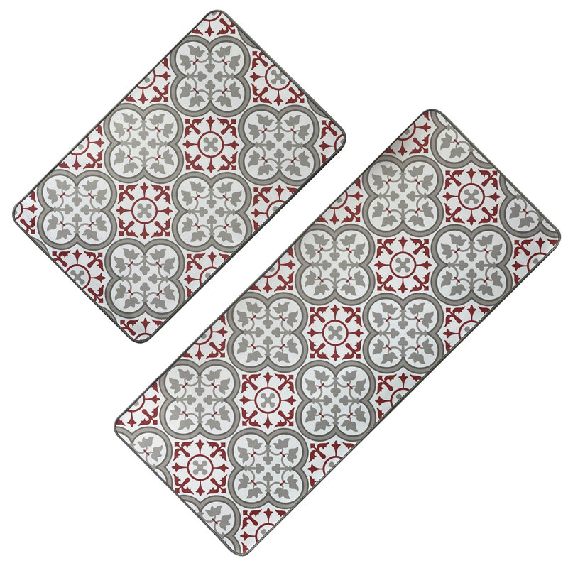 Vintage Mosaic Kitchen Runner Mats Tile Design, Ideal For Homeowners & Renters, 32"/47"L x 20"W, Light Gray/Red