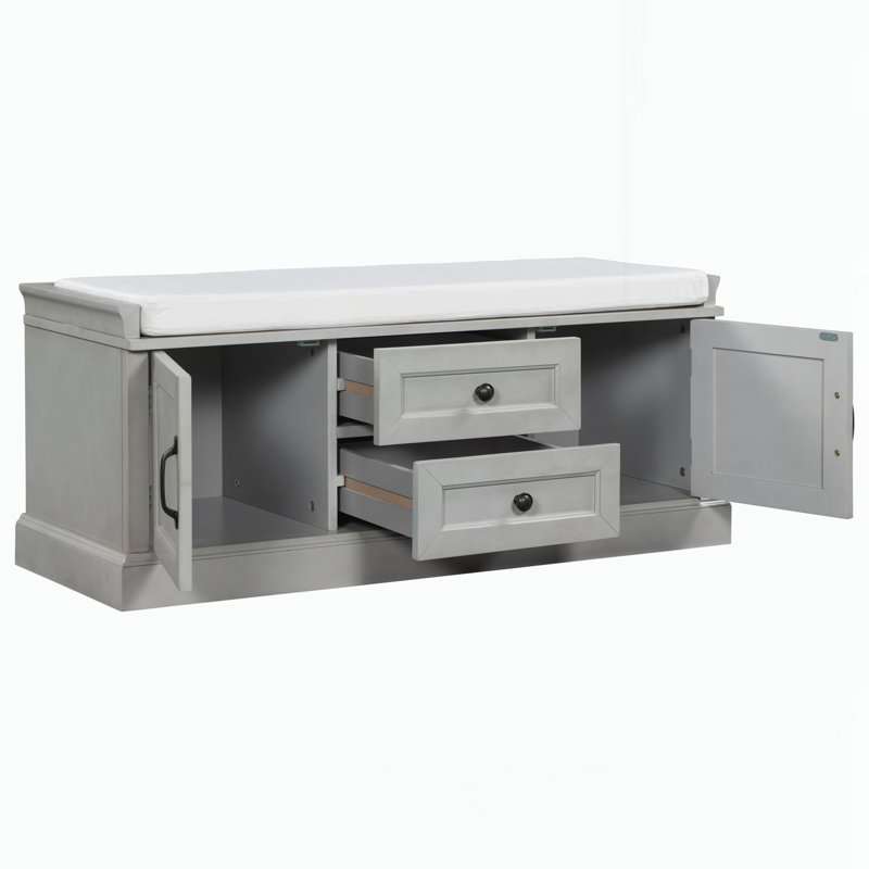Banc de rangement avec 2 tiroirs et 2 armoires, banc à chaussures avec coussin amovible, Grey Wash
