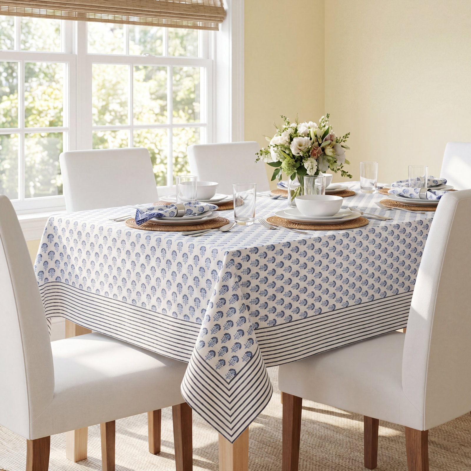 over&back Hand-Blocked Tablecloth, Blue Flower, 70" W x 108" L