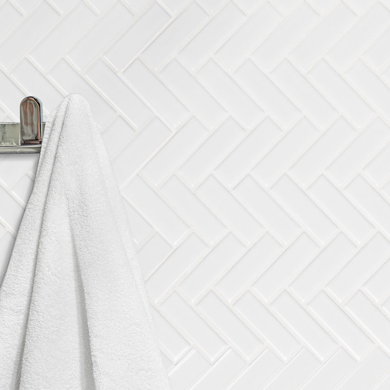 Carreau de mosaïque de plancher et de mur en porcelaine brillante blanche à motif de chevrons en silice 13 po x 13 po