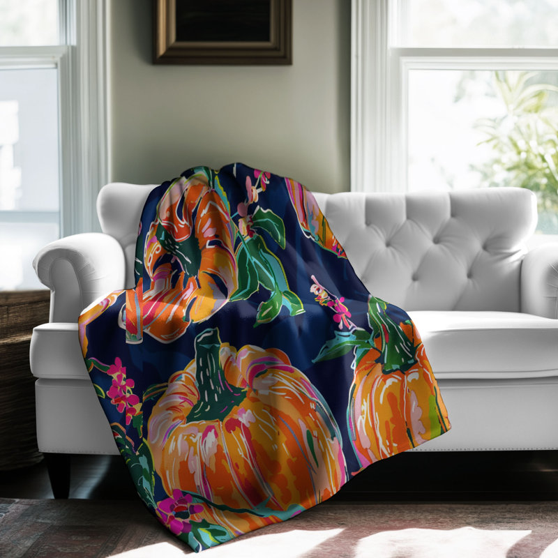 Motif de balise maritime - 1 pièce Sherpa Premium, L 60 po x L 80 po, Élégantes fleurs de citrouille