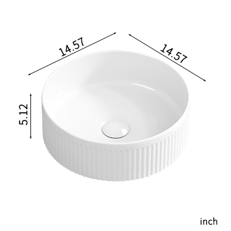 14 Inch Round Porcelain Ceramic White Vessel Sink, Wave Patterns And Vertical Stripes, Easy To Clean For Bathroom Upgrades Modern Sink In Ceramic, Stain - Surface