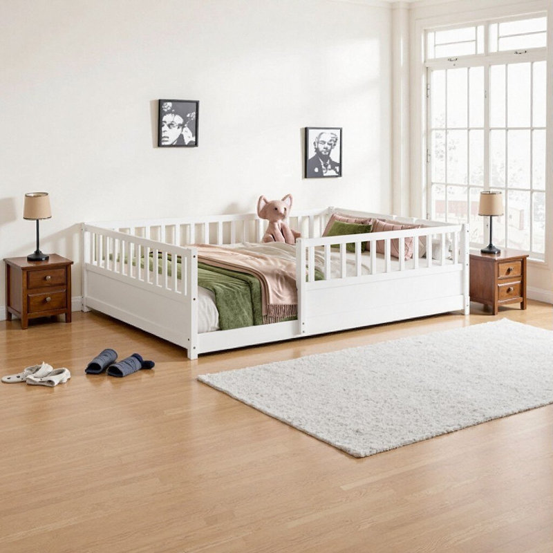 Full Size Montessori Floor Bed with Safety Barrier - Pine Wood French Style Children's Play & Sleep Frame, White, White