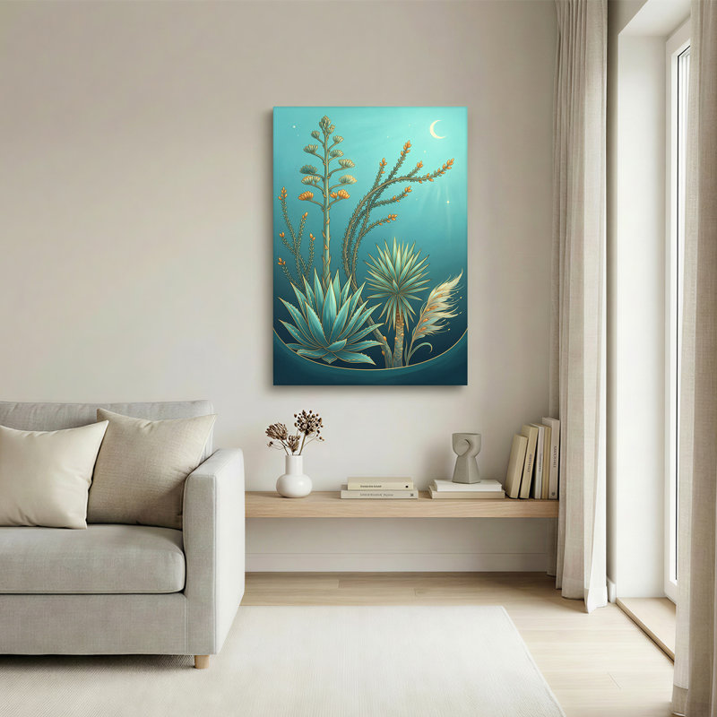 Toile agave sarcelle et yucca avec croissant de lune, art mural sur toile, 18"H x 12"W