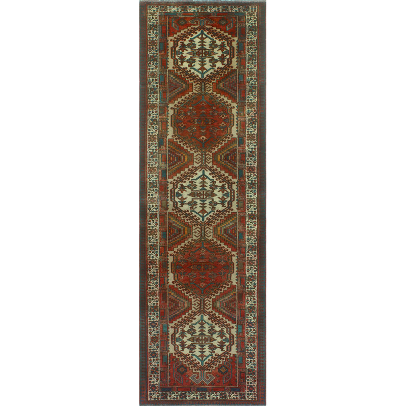 One-of-a-Kind 3'2" x 10'5" New Age Runner Wool Area Rug in Cream and Red