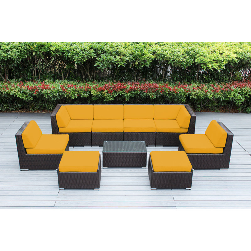 Ensemble de conversation en osier pour 8 personnes avec coussins - aucun assemblage, Brun foncé