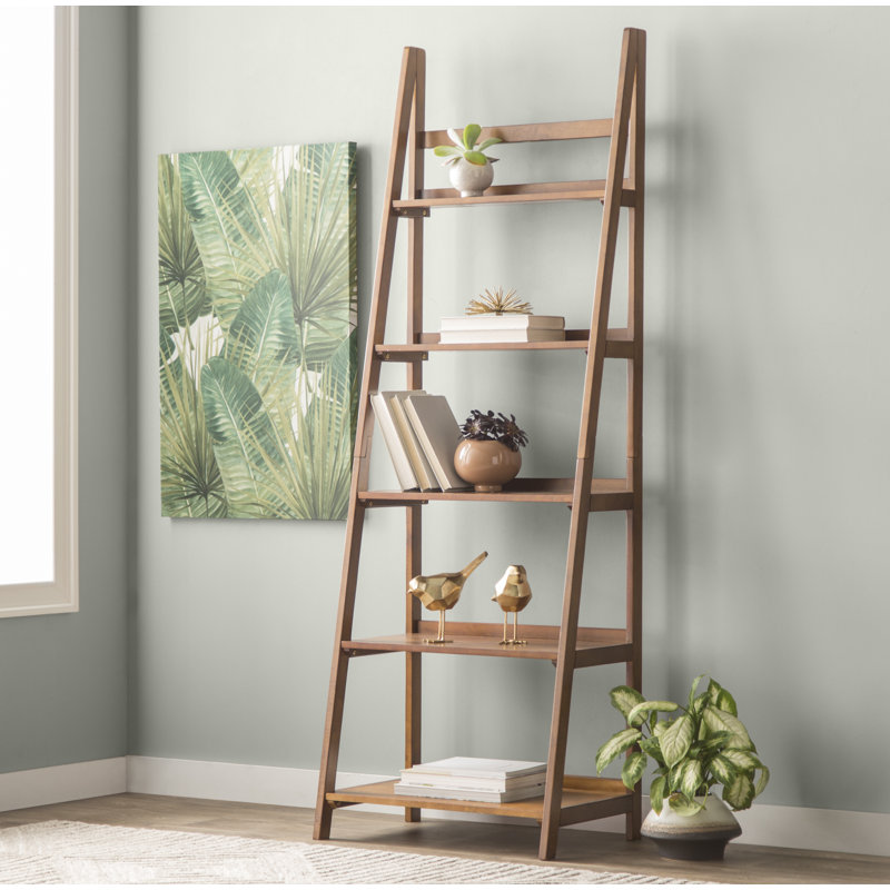 Kamal Walnut 72"H x 24.75"W Solid Wood Five Shelf Ladder Bookcase, Brown