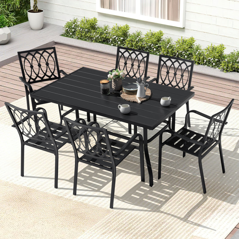 7-piece Metal Outdoor Dining Set With Umbrella Hole And 6 Stackable Chairs, 6, Rectangular