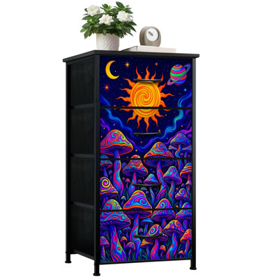 Dresser for Bedroom with 4 Storage Drawers Colorful Psychedelic Mushrooms Sun Stars Cosmic Landscape Dressers Chest of Drawers Steel Framed Fabric Closet Organizers for Dorm Entryway