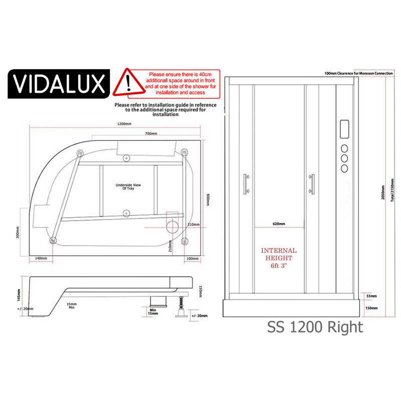 Vidalux SS1200 Right Hand Offset Steam Shower Cabin 1200 x 800, Mirror