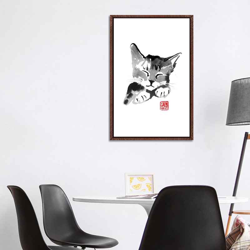 Cute Cat 1 Piece Wall Art on Canvas, 101.6 cm H x 66.04 cm W, Classic Brown Wood Framed